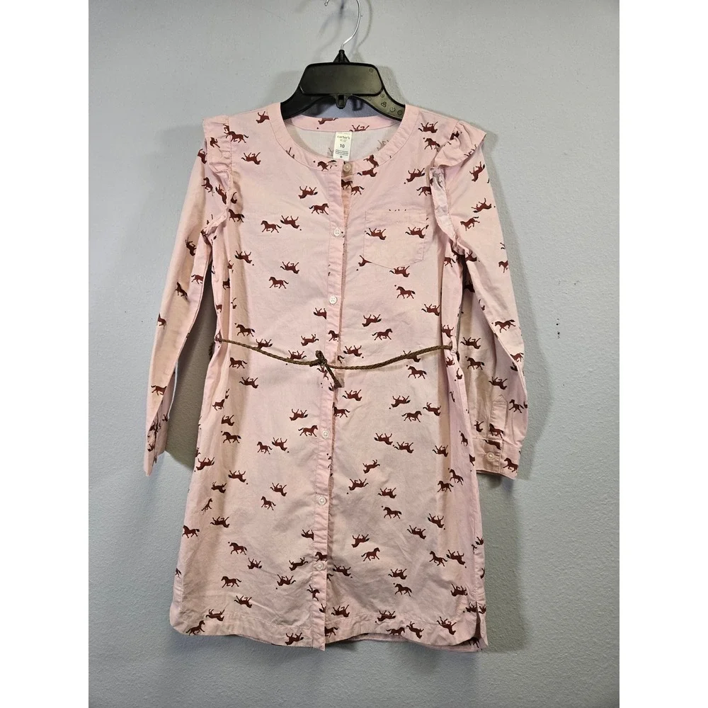 Carter's Horse Print Ruffle Shoulder Belted Button Front Shirt Dress 10
